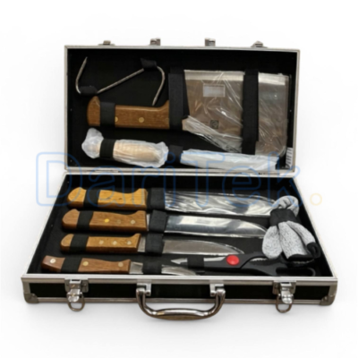 Ensemble de Couteaux Valise 09 Pièces en Acier Inoxydable et Poignées En Bois avec Couperet, Aiguiseur, Ciseaux et Gant de Protection