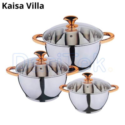 طقم أواني طهي 06 قطع – 03 قدور من الفولاذ المقاوم للصدأ مع 03 أغطية زجاجية – Kaisa Villa KV-6647 DariTek