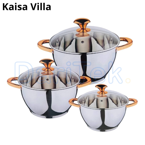 Batterie De Cuisine 06 Pièces Kaisa Villa 03 Marmites en Inox et 03 Couvercles en Verre - KV-6647