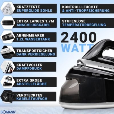 Centrale Vapeur Bomann 2400W Pression 3.5 Bars et Réservoir de 1.2L - DBS 6034 CB DariTek