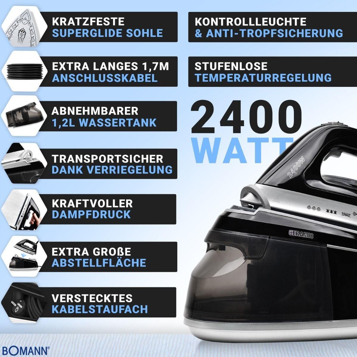 Centrale Vapeur Bomann 2400W Pression 3.5 Bars et Réservoir de 1.2L - DBS 6034 CB Centrale Vapeur Bomann 2400W Pression 3.5 Bars et Réservoir de 1.2L - DBS 6034 CB – Image 5