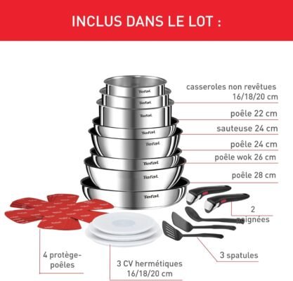 طقم أواني طهي Tefal من 20 قطعة من الفولاذ المقاوم للصدأ – مقالي وقدور مع مقابض قابلة للإزالة – Ingenio Emotion L897SK04 DariTek