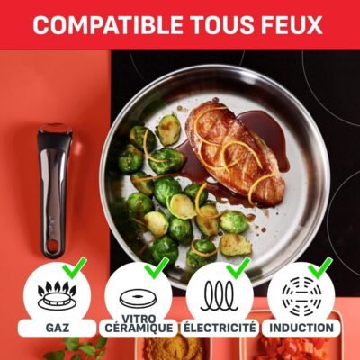 طقم أواني طهي Tefal من 20 قطعة من الفولاذ المقاوم للصدأ – مقالي وقدور مع مقابض قابلة للإزالة – Ingenio Emotion L897SK04 DariTek