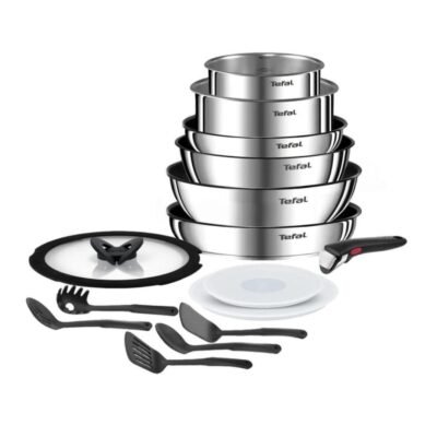 طقم أواني طهي Tefal من 15 قطعة – مقالي و قدور غير لاصقة متوافقة مع الحثّ مع مقبض قابل للإزالة وإكسسوارات متعددة – Ingenio Emotion L897SF04 DariTek