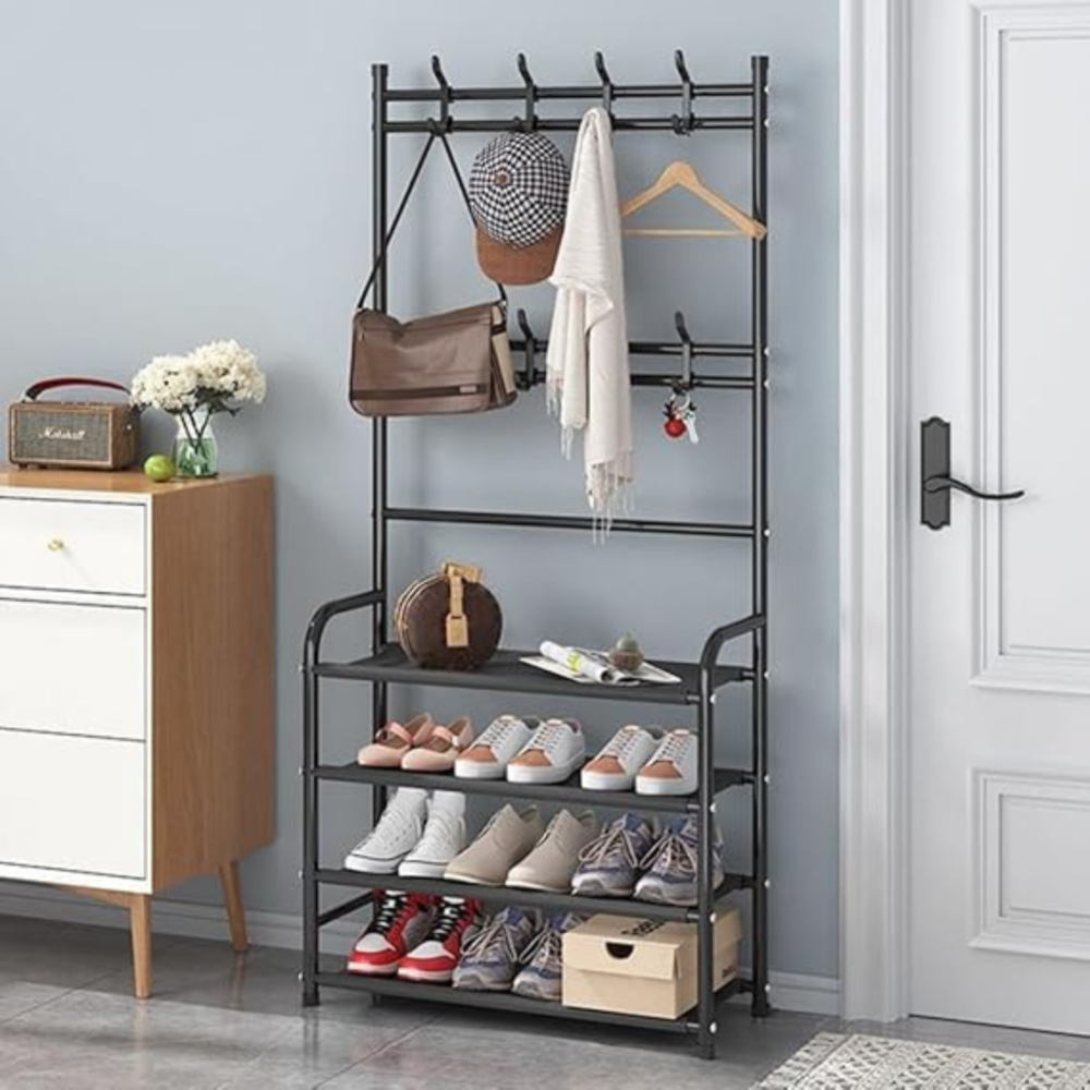 Porte Manteau avec Étagères à Chaussures 4 Niveaux – Meuble d’Entrée 2 en 1 Métalique