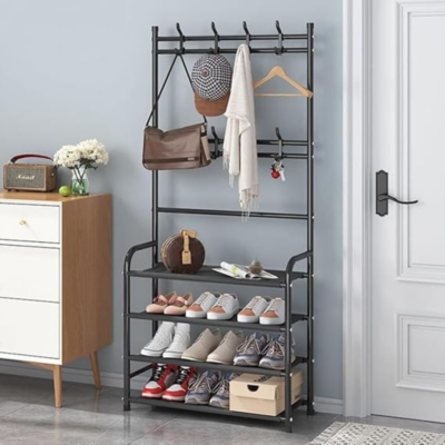 Porte Manteau avec Étagères à Chaussures 4 Niveaux – Meuble d’Entrée 2 en 1 Métalique
