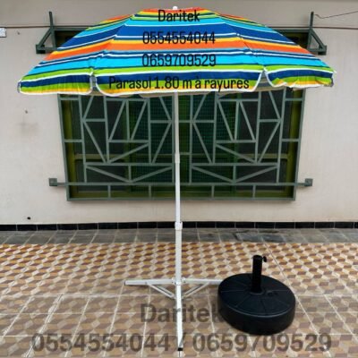 Parasol 1.80 m à Rayures Multi couleurs pour Plage et Jardin (Socle NON Inclus) DariTek