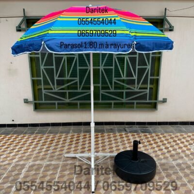 Parasol 1.80 m à Rayures Multi couleurs pour Plage et Jardin (Socle NON Inclus) DariTek