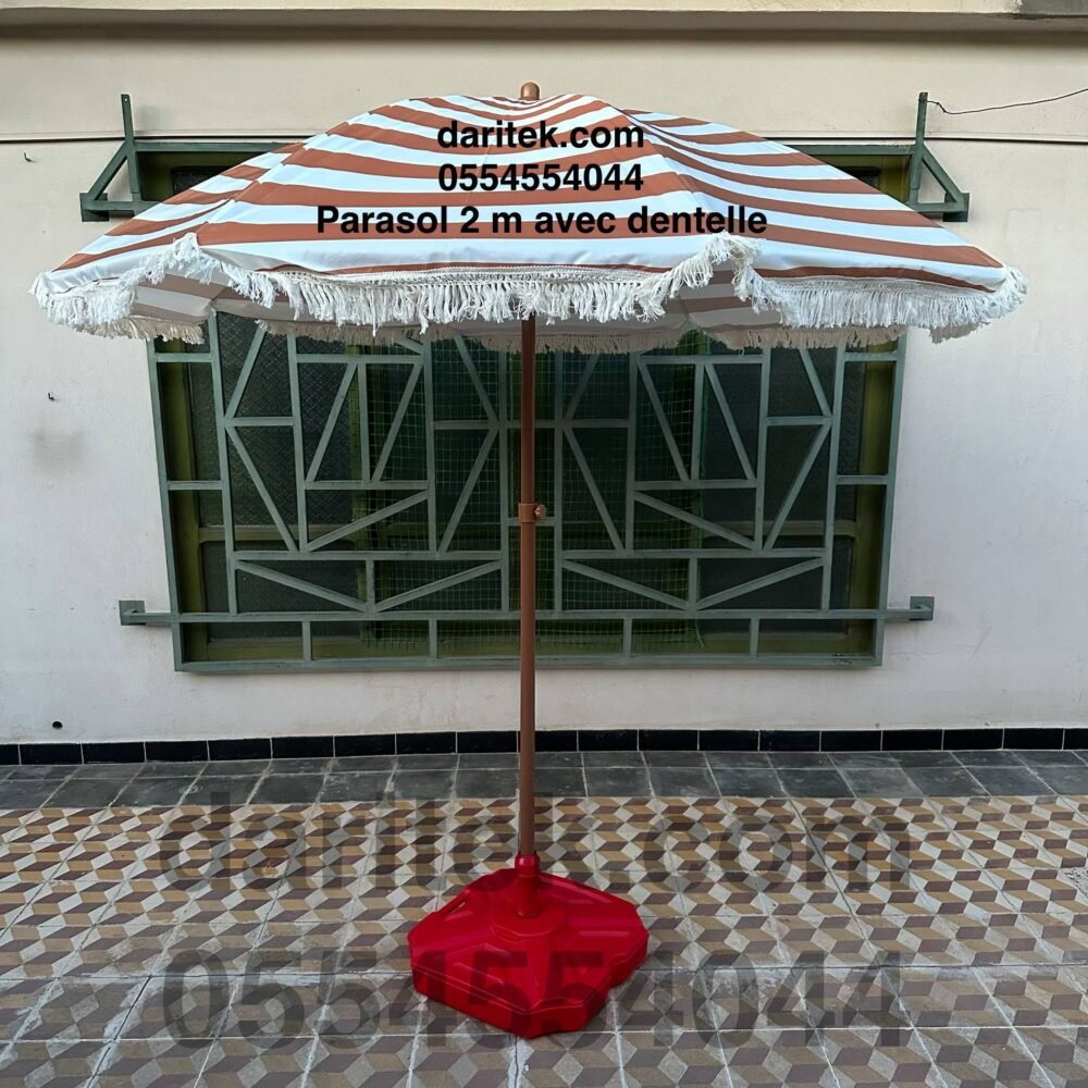 Parasol Importation 2 m à Rayures avec Dentelle pour Plage et Jardin (Socle NON Inclus)