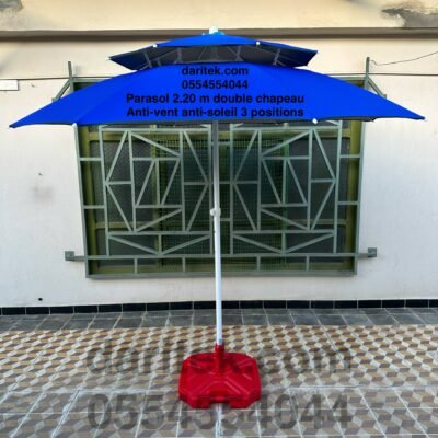 Parasol Importation 2.20 m Double Chapeau Casquette Anti Vent et Anti Soleil avec 3 Positions (Socle NON Inclus)