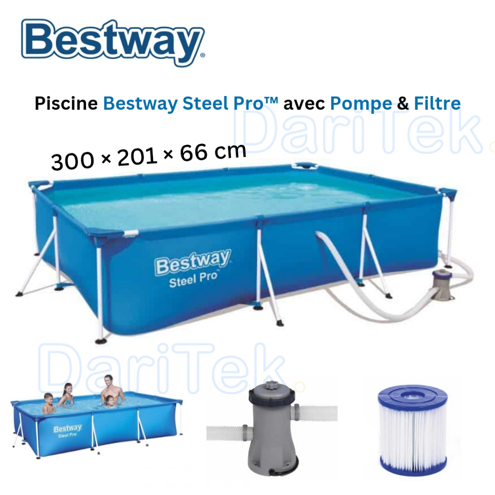 Piscine Hors Sol Rectangle Bestway Steel Pro 300 x 201 x 66 cm Avec Pompe De Filtration d'eau Facile a monter - 56411