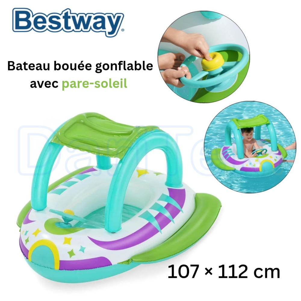 Bateau Bouée Gonflable Avec Pare-Soleil Bestway 1.07m x 1.12m Voiture Avec Volant - 34149