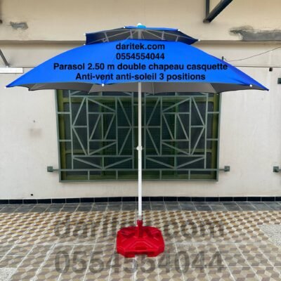 Parasol Importation 2.50 m Double Chapeau Casquette Anti Vent et Anti Soleil avec 3 Positions (Socle NON Inclus)