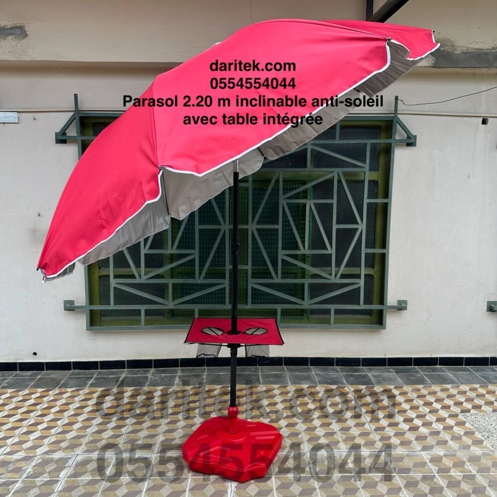Parasol Importation 2.20 m Inclinable et Anti Soleil avec Table Intégrée et 02 Portes Gobelets (Socle NON Inclus) (Copie)