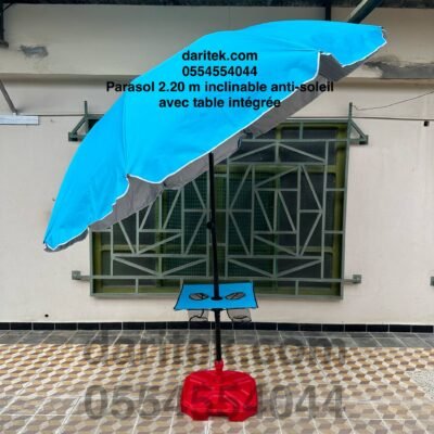 Parasol Importation 2.20 m Inclinable et Anti Soleil avec Table Intégrée et 02 Portes Gobelets (Socle NON Inclus) DariTek