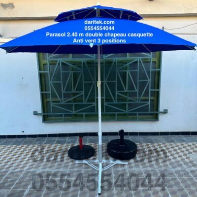 Parasol Importation 2.40 m Double Chapeau Casquette Anti Vent Renforcé avec 3 Positions (Socle NON Inclus) DariTek