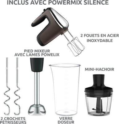 خفّاقة كهربائية يدوية Moulinex Powermix Silence بقوة 600 واط – صامتة مع 7 ملحقات وزر تيربو ومنظّم سرعة HM653910 DariTek