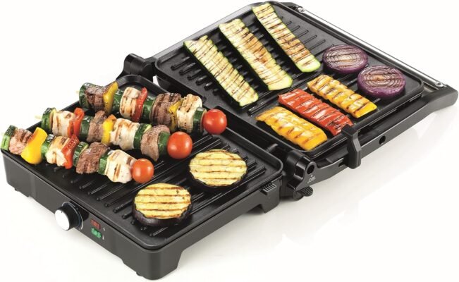 Panineuse et Grill Électrique Kenwood 2000W 3 Positions – Plaques Anti-Adhésives, Thermostat Réglable et Bac Récupérateur HGM31