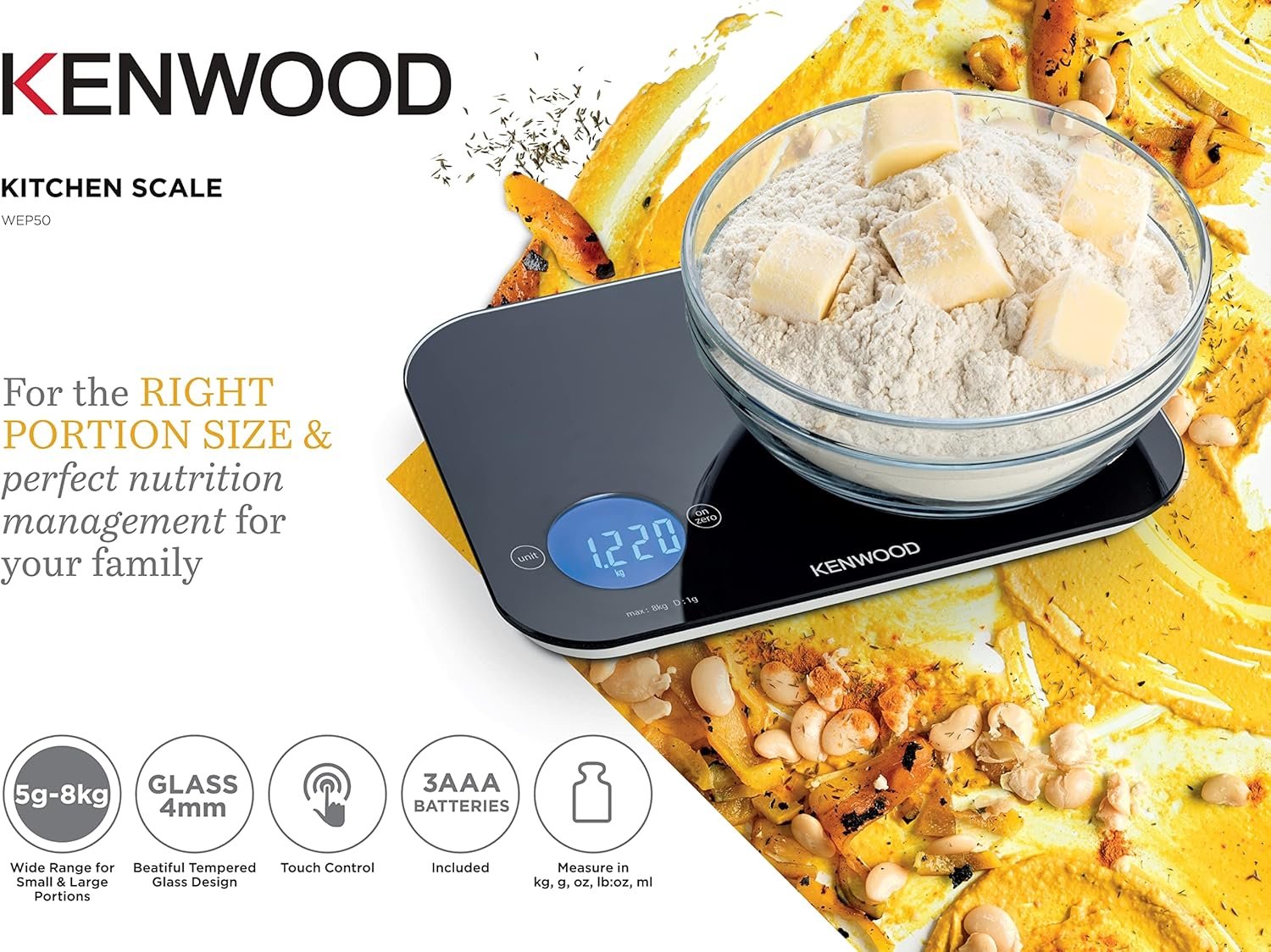 Balance de Cuisine Numérique Kenwood 8 kg – Plateau Verre Trempé, Commande Tactile, Fonction Tare et 6 Unités de Mesure, Noir WEP50 Balance de Cuisine Numérique Kenwood 8 kg – Plateau Verre Trempé, Commande Tactile, Fonction Tare et 6 Unités de Mesure, Noir WEP50 – Image 6