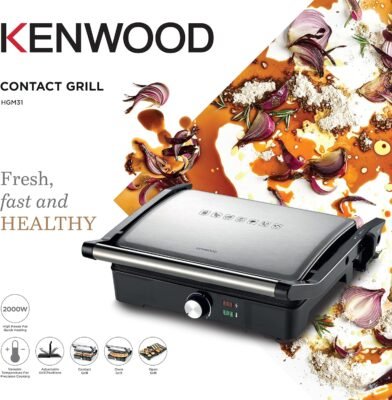 Panineuse et Grill Électrique Kenwood 2000W 3 Positions – Plaques Anti-Adhésives, Thermostat Réglable et Bac Récupérateur HGM31