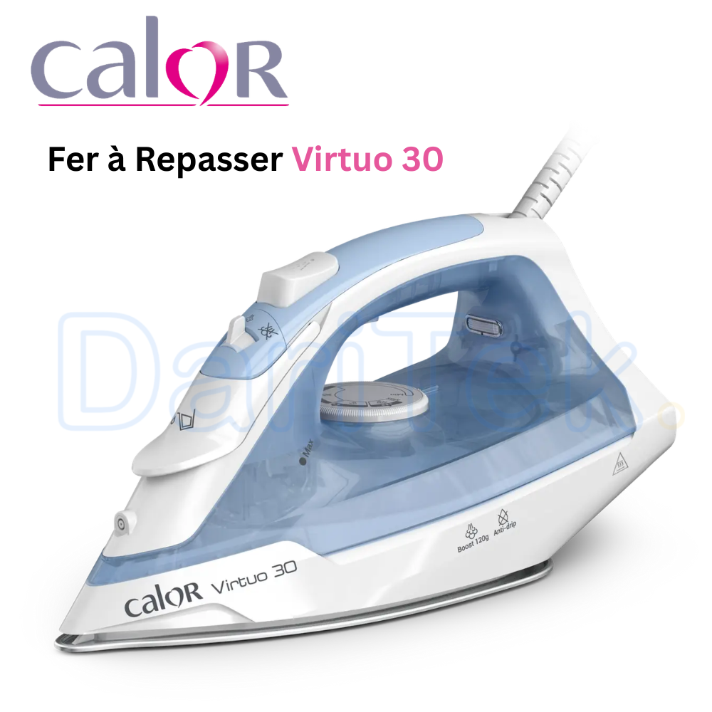 Fer à Repasser Calor Virtuo 30 2000W – Semelle Céramique Anti-Rayures, Pressing 120 g/min, Anti-Goutte, Vapeur Verticale et Pointe de Précision FV2C41C0