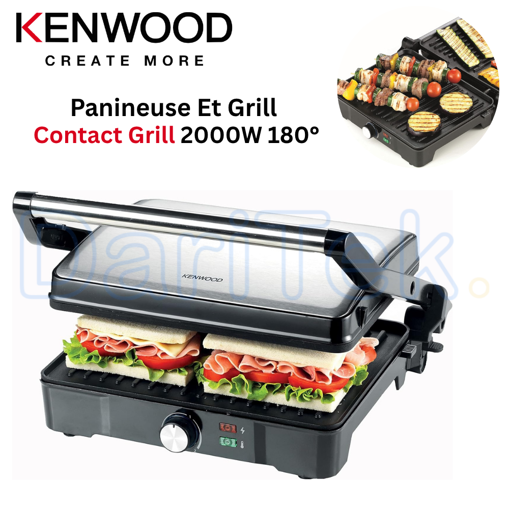 Panineuse et Grill Électrique Kenwood 2000W 3 Positions – Plaques Anti-Adhésives, Thermostat Réglable et Bac Récupérateur HGM31