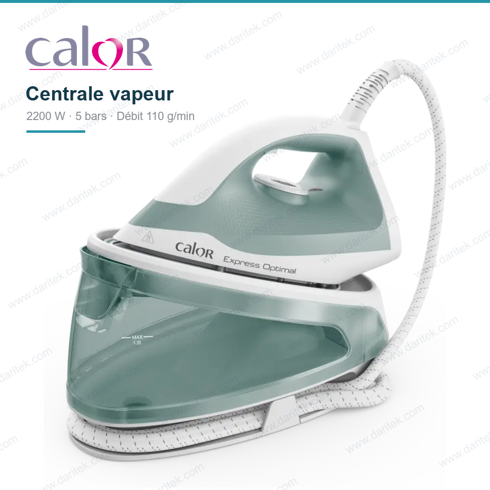 مولّد بخار كالور Express Optimal – قوة 2200 واط، مضخة 5 بار، تدفق بخار 110 غرام/دقيقة، دفعة 250 غرام، قاعدة سيراميك Xpress Glide ومزيل للترسبات Calc Clear SV4112C0