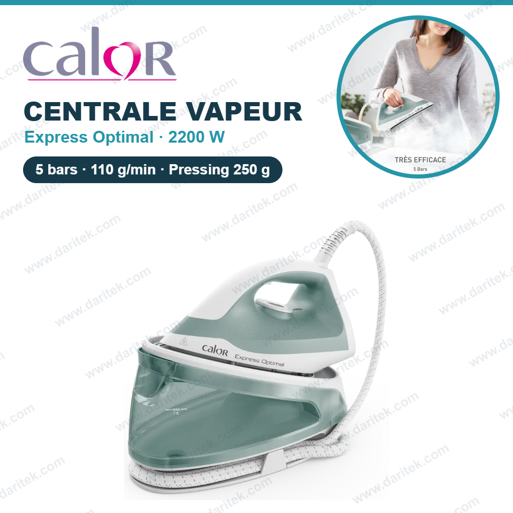 Centrale Vapeur Calor Express Optimal 2200W – Pompe 5 Bars, Débit 110 g/min, Pressing 250 g/min, Semelle Céramique Xpress Glide et Anticalcaire Calc Clear SV4112C0