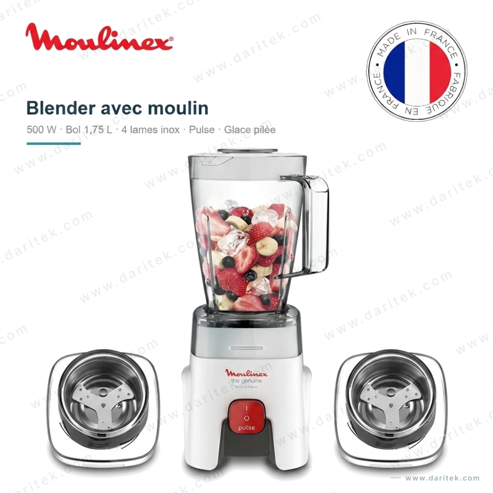 Blender Mixeur 1,75 L avec Moulin Broyeur 500 W – Lames Inox Zelkrom, Fonction Pulse et Glace Pilée, Fabriqué en France, Blanc – MOULINEX LM242B25