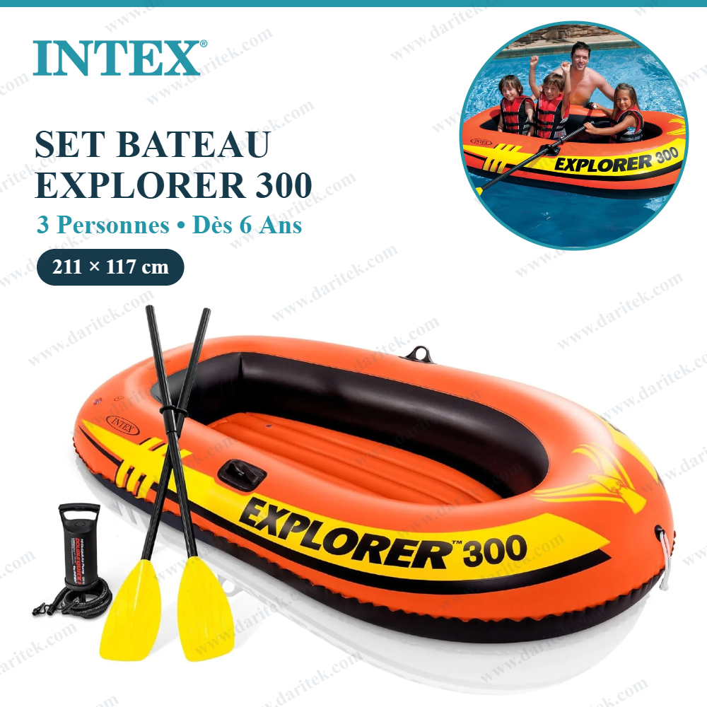 Bateau Gonflable Explorer 300 pour 3 Personnes – Canot Pneumatique Orange avec Rames et Pompe 211 x 117 cm – INTEX 58332