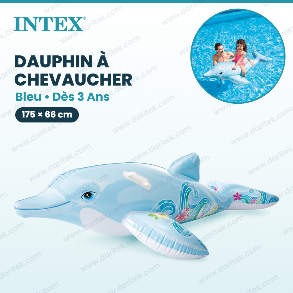Bouée Gonflable à Chevaucher Dauphin 175 x 66 cm INTEX pour Enfants – Bouée Animal Flottante Bleu avec Poignées – 58535