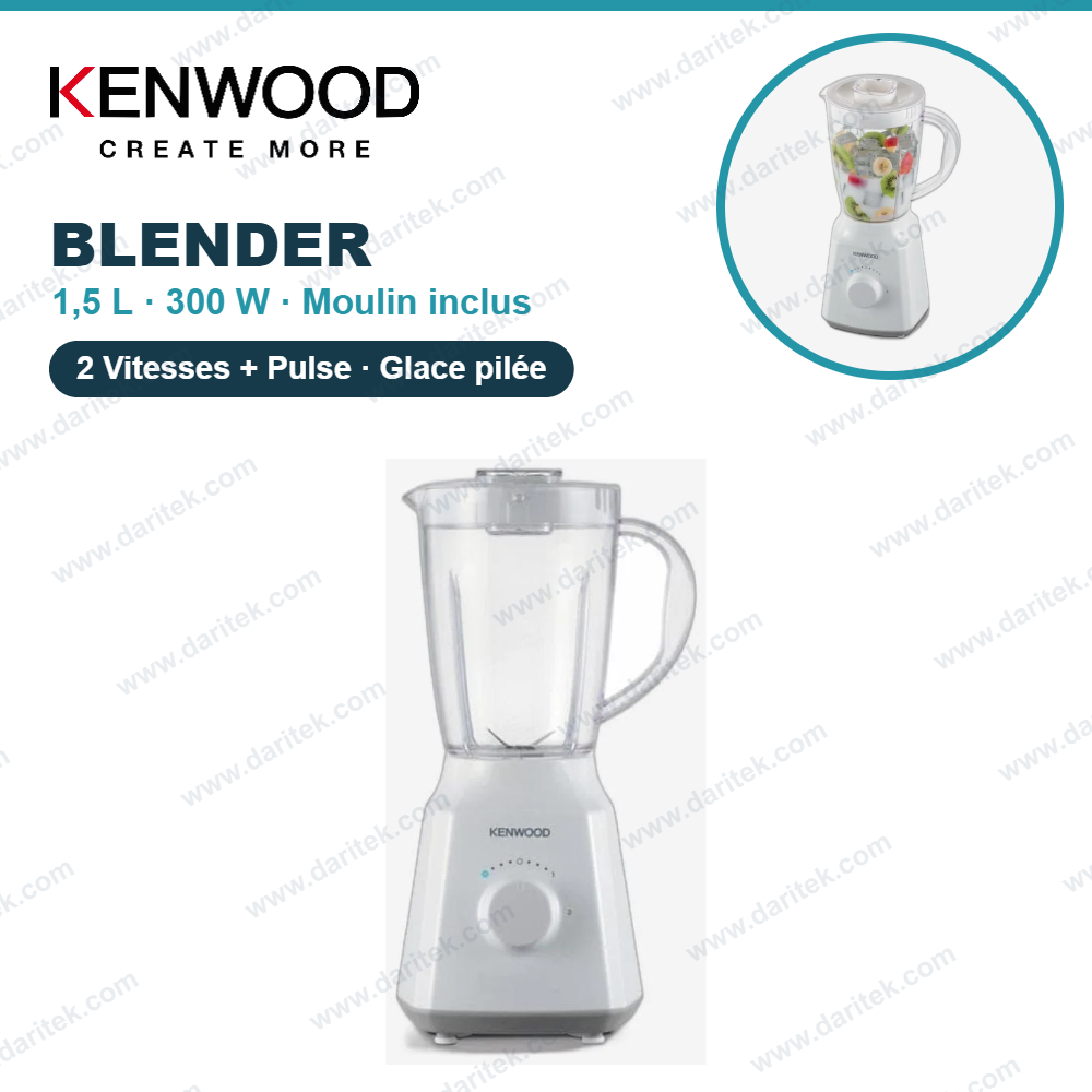 Blender Mixeur Kenwood 1,5 L 300W – 2 Vitesses et Pulse, Fonction Glace Pilée, Moulin Inclus et Lames Inox, Blanc BLP05