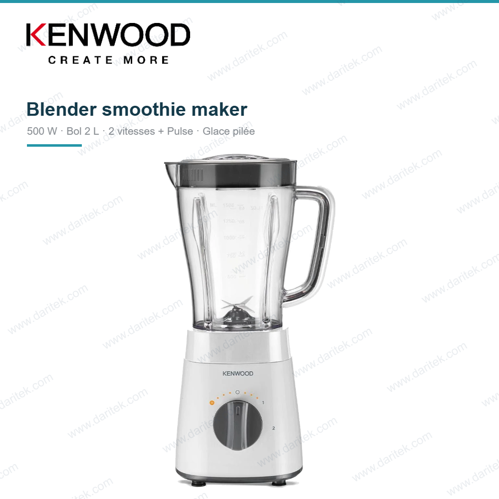 Blender Smoothie Maker 2 L 500 W – 2 Vitesses + Pulse, Lames Inox, Fonction Glace Pilée, Bol Gradué, Blanc – KENWOOD BLP16.100WH