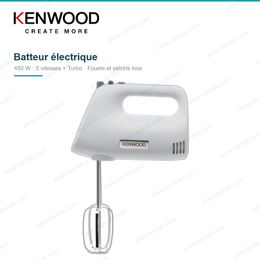 Batteur Électrique Kenwood QuickMix 450W – 5 Vitesses + Turbo, Fouets et Crochets Pétrisseurs Inox, Éjection Automatique, Blanc HMP30.A0WH