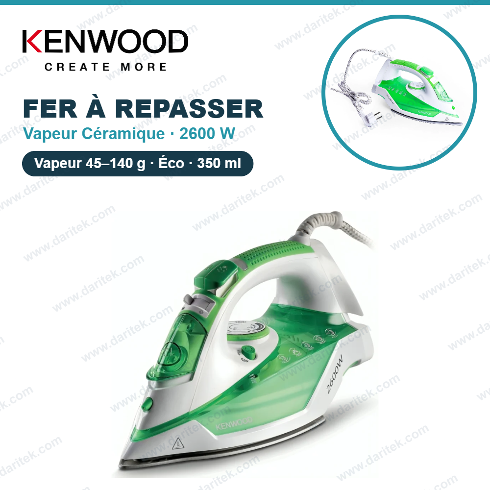 Fer à Repasser Vapeur Kenwood 2600W – Semelle Céramique à Pointe Fine, Vapeur 45/140 g, Anti-Goutte, Fonction Éco, Vert STP70