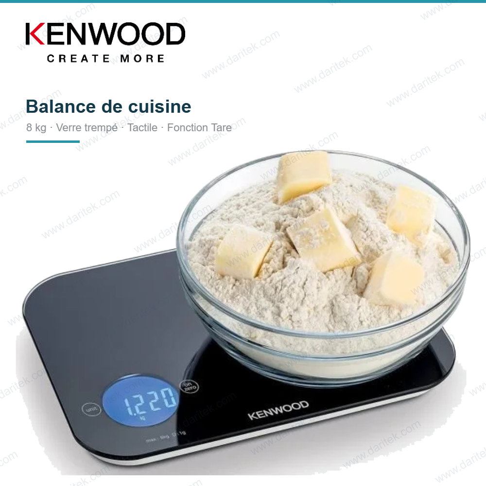 Balance de Cuisine Numérique Kenwood 8 kg – Plateau Verre Trempé, Commande Tactile, Fonction Tare et 6 Unités de Mesure, Noir WEP50