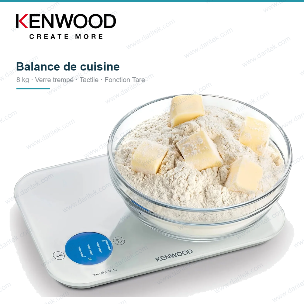 Balance de Cuisine Numérique Kenwood 8 kg – Plateau Verre Trempé, Commande Tactile, Fonction Tare et 6 Unités de Mesure, Blanc WEP50