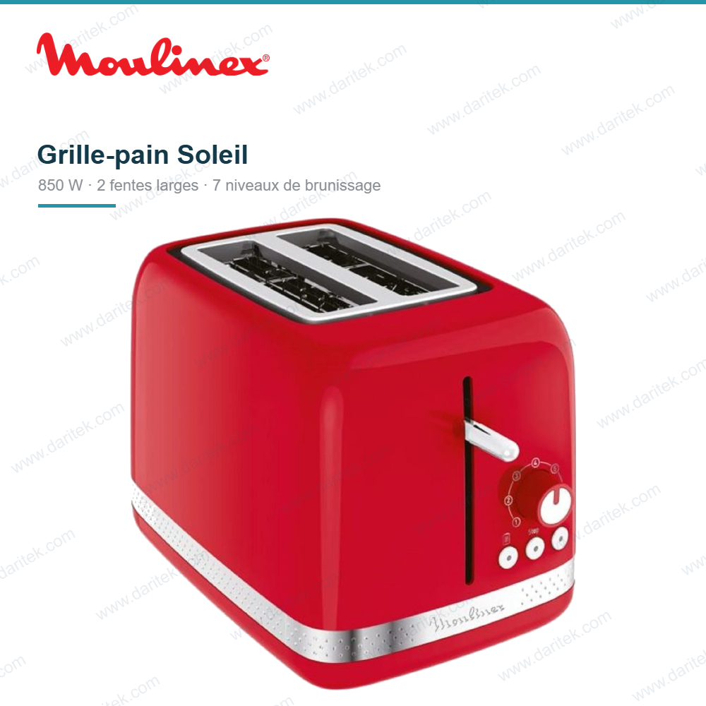 Grille-Pain Moulinex Soleil 850W – 2 Fentes Larges, 7 Niveaux de Brunissage, Décongélation, Réchauffage et Ramasse-Miettes, Rouge LT300510