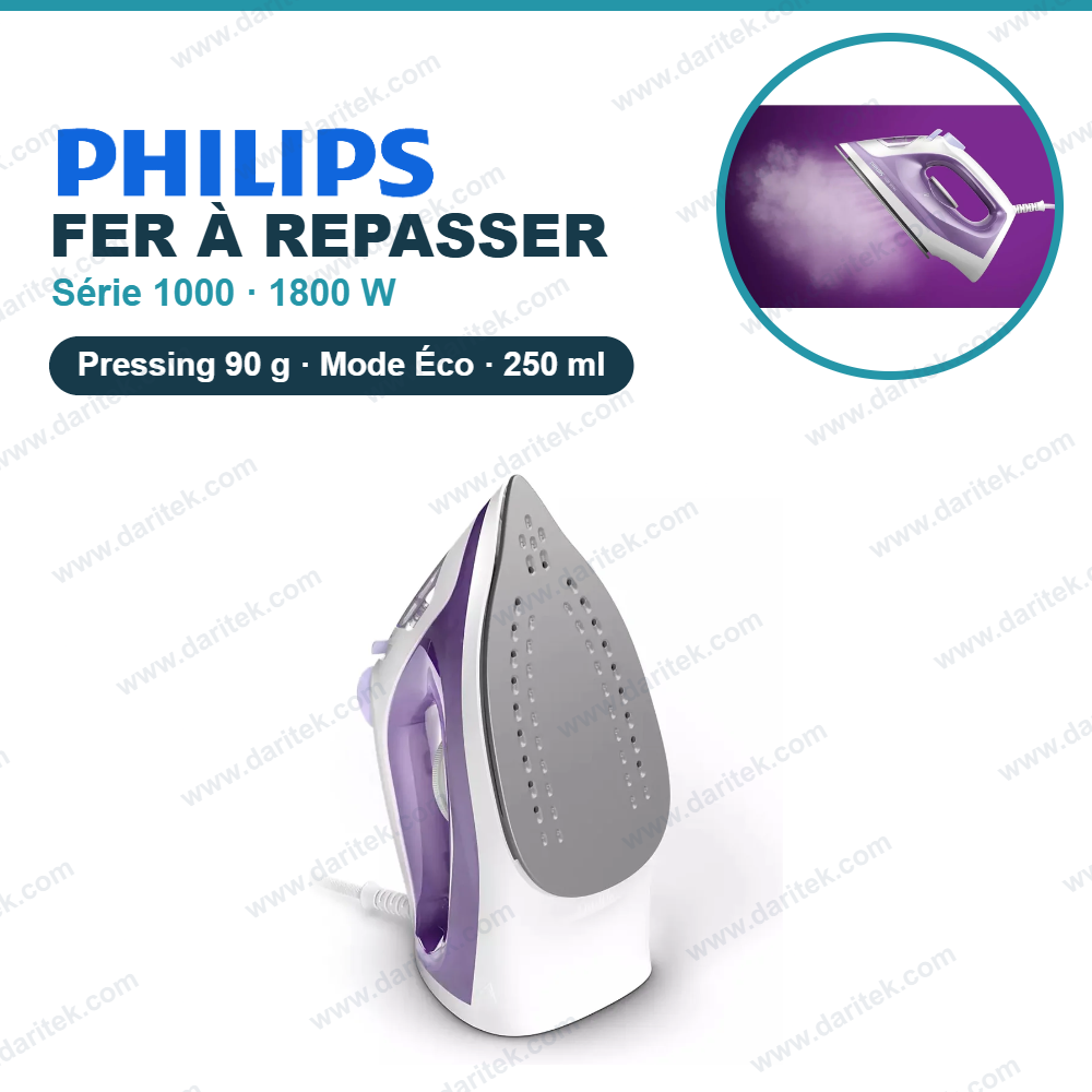 Fer à Repasser Vapeur Philips Série 1000 1800W – Semelle Anti-Adhésive à Pointe Fine, Effet Pressing 90 g, Mode Éco et Calc-Clean DST1020