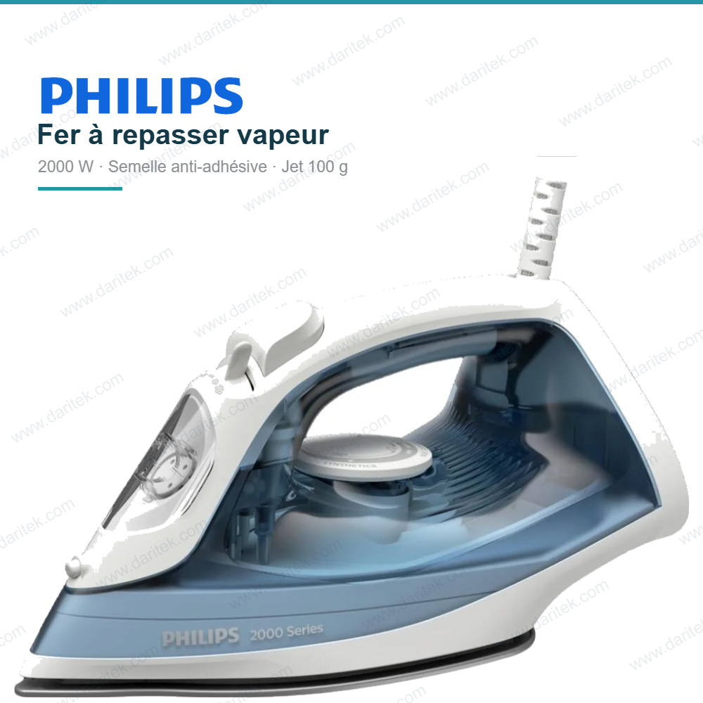 مكواة بخار فيليبس سلسلة 2000 – قوة 2000 واط، قاعدة مانعة للالتصاق، مانع للتقطير، Calc-Clean ودفعة بخار 100 غرام DST2010/20