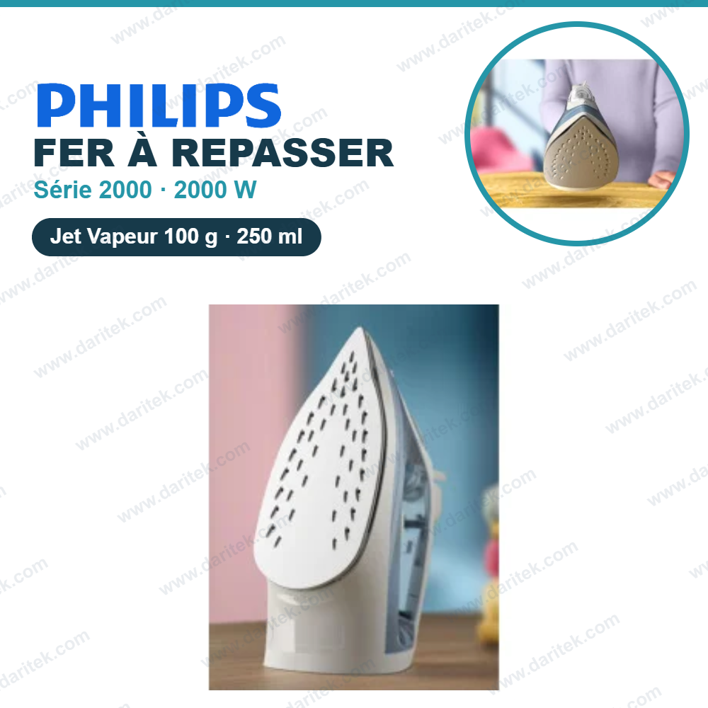 Fer à Repasser Vapeur Philips Série 2000 2000W – Semelle Anti-Adhésive, Anti-Goutte, Calc-Clean et Jet de Vapeur 100 g DST2010/20