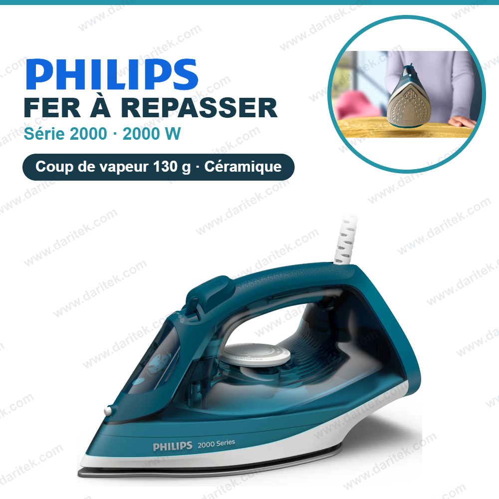 Fer à Repasser Vapeur Philips Série 2000 2000W – Semelle Céramique Anti-Rayures, Coup de Vapeur 130 g, Anti-Goutte, Calc-Clean et Arrêt Automatique DST2030/90
