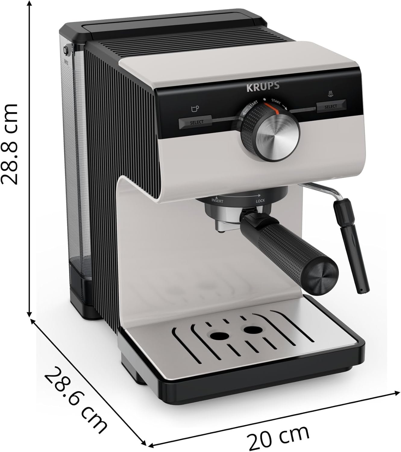 Machine à Café Expresso KRUPS Authentic 15 Bars – Thermoblock, Buse Vapeur, Grand Réservoir 2 L Amovible, Rangement Filtres Intégré, Arrêt Auto, Gris Clair – XP381B10 Dimensions de la Krups XP381B10 Authentic