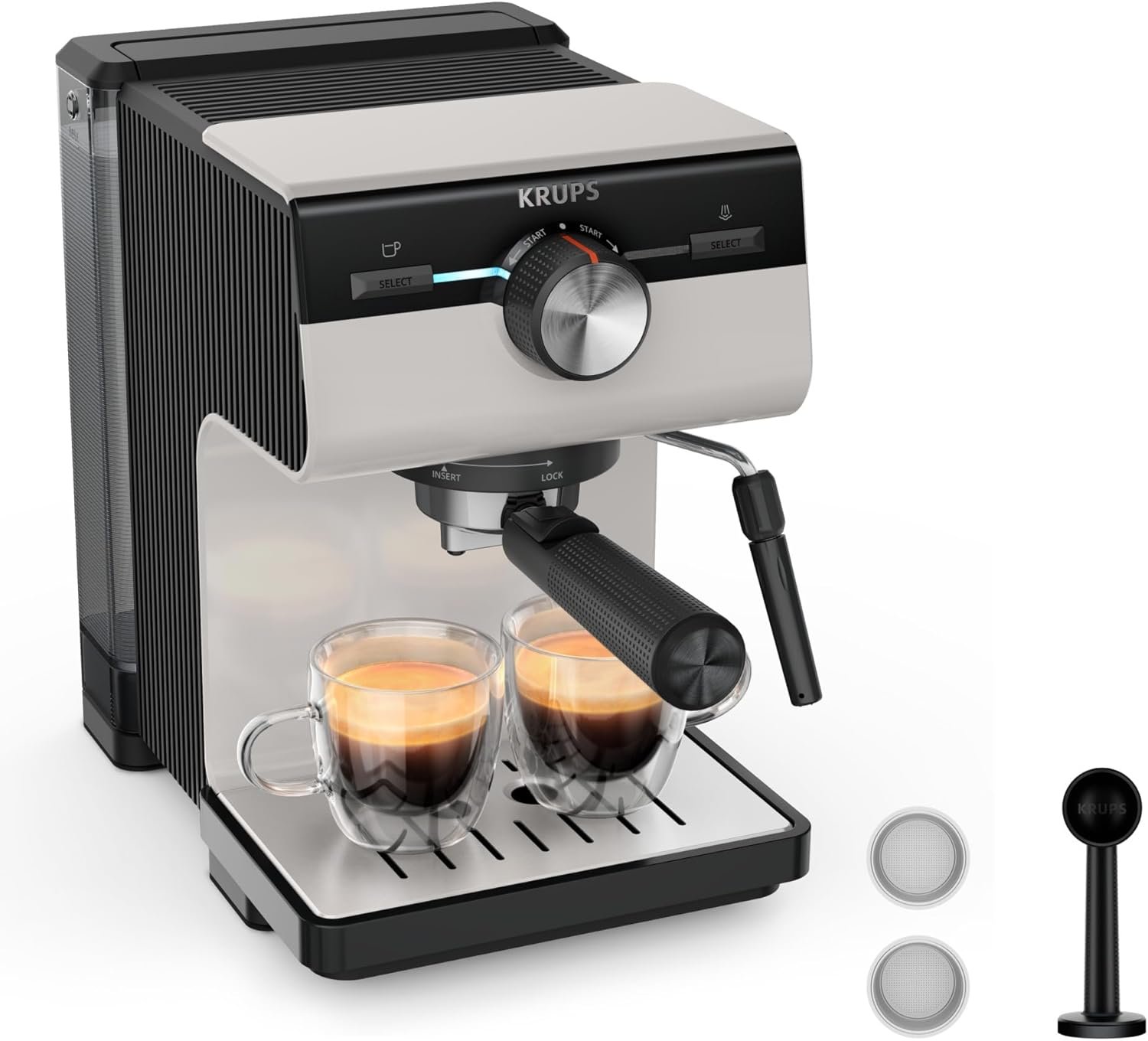 Machine à Café Expresso KRUPS Authentic 15 Bars – Thermoblock, Buse Vapeur, Grand Réservoir 2 L Amovible, Rangement Filtres Intégré, Arrêt Auto, Gris Clair – XP381B10 Krups XP381B10 Authentic avec porte-filtre et accessoires