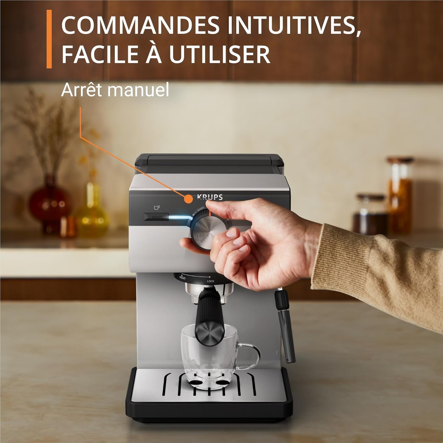 Machine à Café Expresso KRUPS Authentic 15 Bars – Thermoblock, Buse Vapeur, Grand Réservoir 2 L Amovible, Rangement Filtres Intégré, Arrêt Auto, Gris Clair – XP381B10 Extraction 15 bars sur la Krups XP381B10 Authentic
