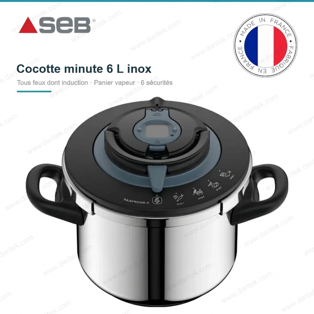 Cocotte Minute Autocuiseur Nutricook+ 6 L Inox Induction – Panier Vapeur, 6 Sécurités, Ouverture Facile, Fabriqué en France – SEB P4220705