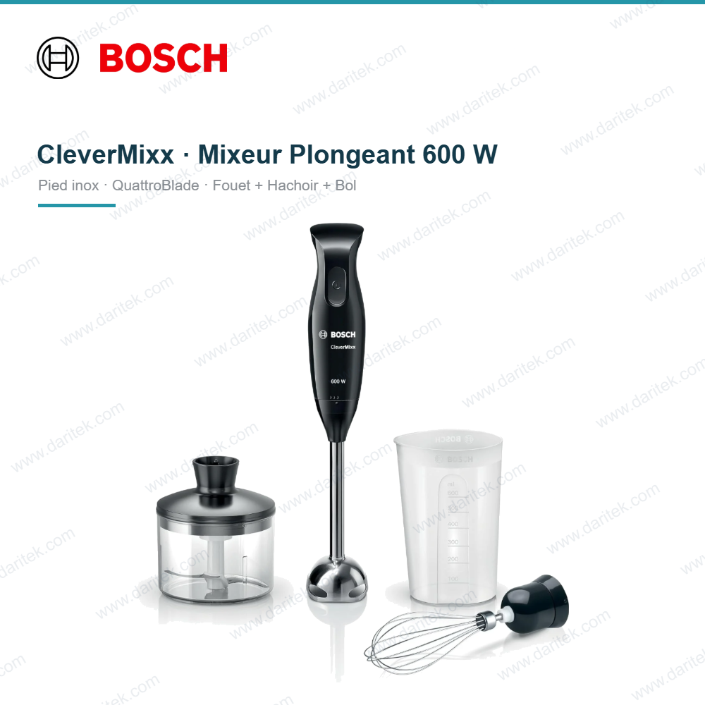 خلاط يدوي غاطس 600 واط بقدم إينوكس مع مضرب ومفرمة – BOSCH MSM2650B CleverMixx