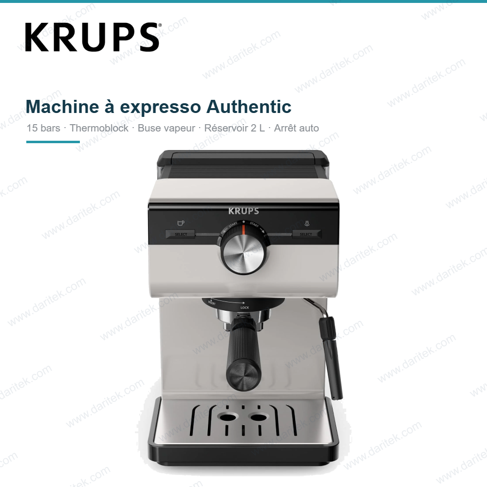 ماكينة قهوة إسبريسو يدوية 15 بار KRUPS Authentic – فوهة بخار، خزان كبير 2 لتر قابل للفك، مكان مدمج لحفظ الفلاتر، إطفاء تلقائي، رمادي فاتح – KRUPS XP381B10