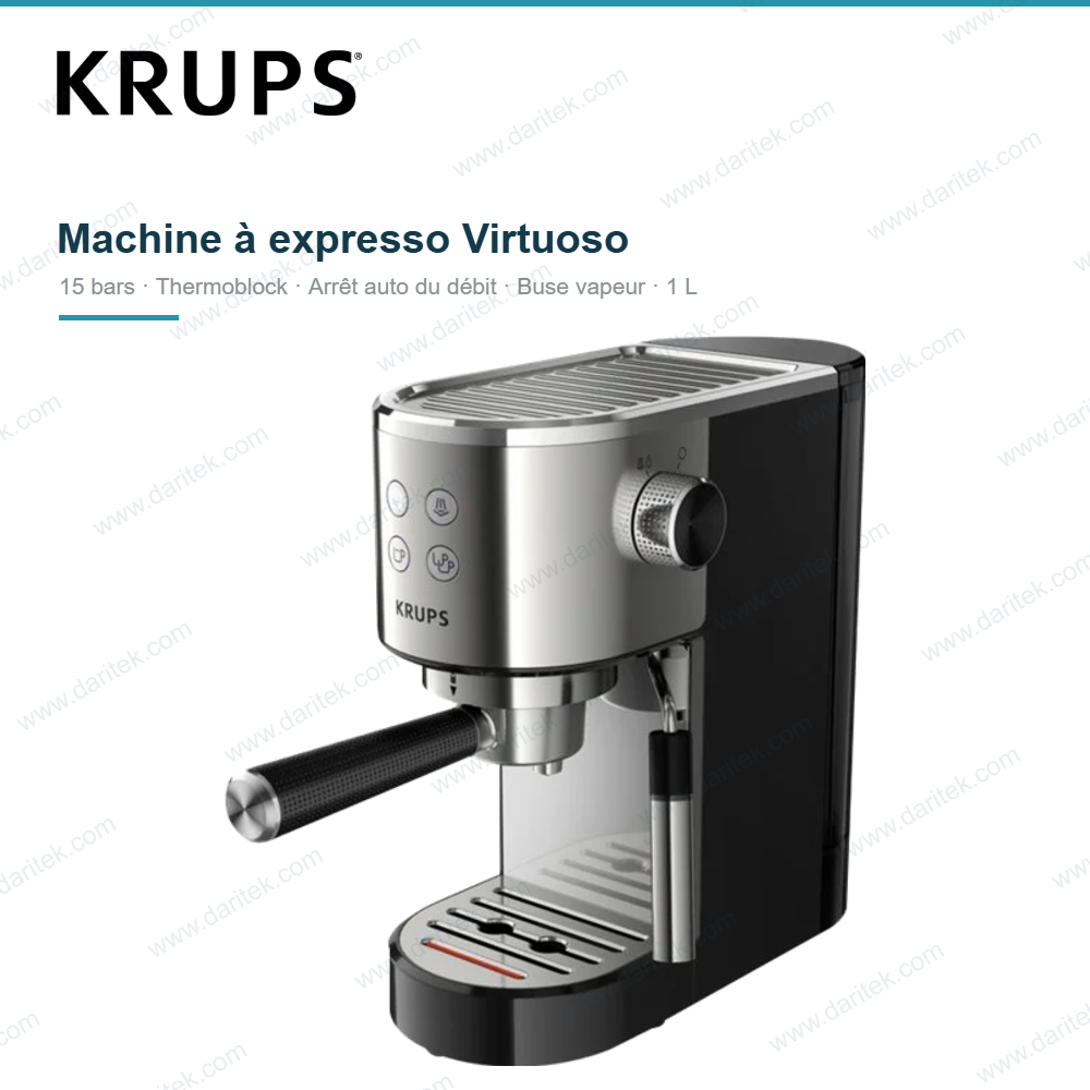 ماكينة قهوة إسبريسو 15 بار مدمجة Krups Virtuoso –  إيقاف تلقائي للتدفق، فوهة بخار، خزان 1 لتر، متوافقة مع أقراص ESE، ستانلس وأسود – كروبس KRUPS XP442C11