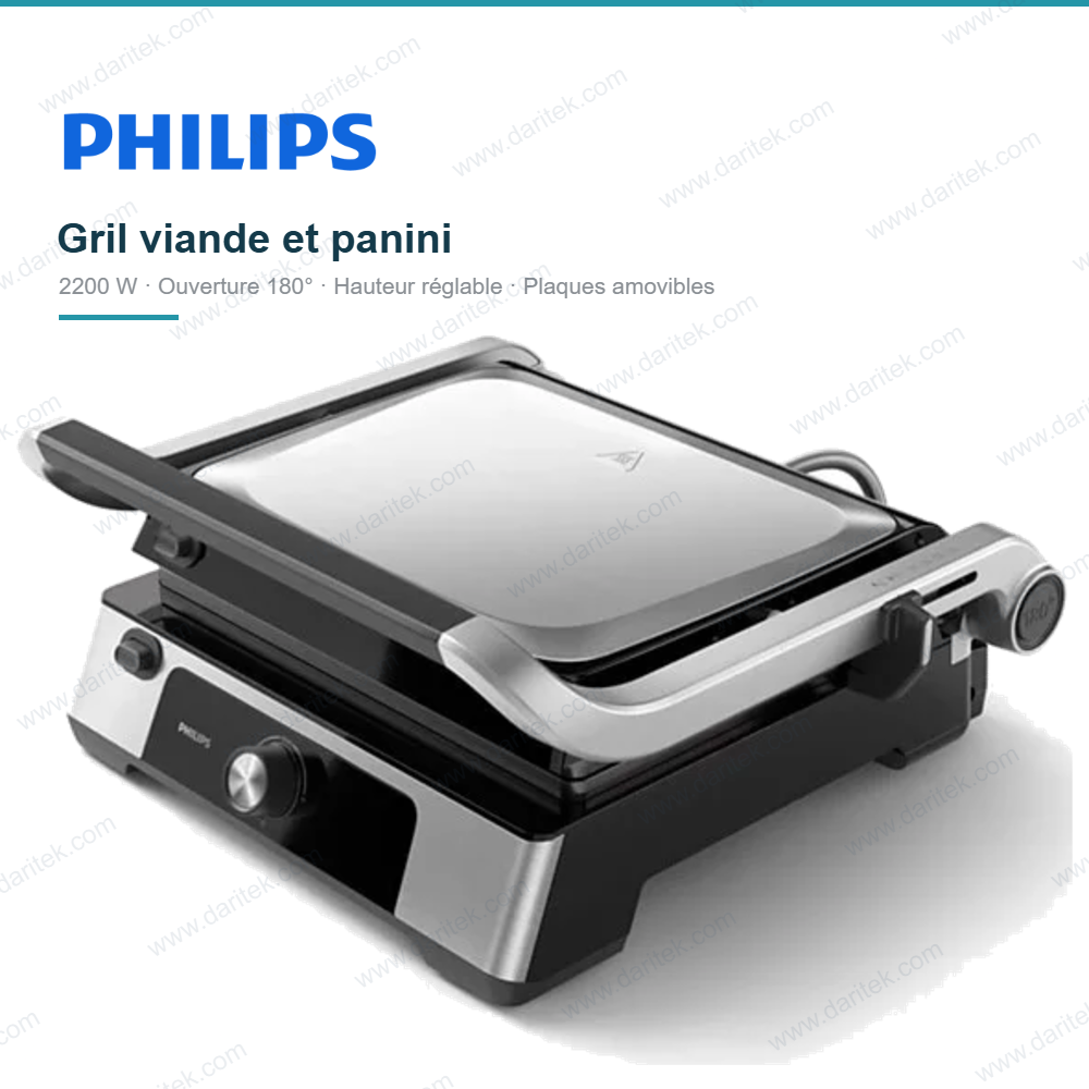 بانينوز وشواية كهربائية للحم والبانيني Philips سلسلة 5000 بقوة 2200 واط – فتح 180°، ارتفاع قابل للضبط، ثرموستات، ألواح غير لاصقة – فيليبس HD6301/90